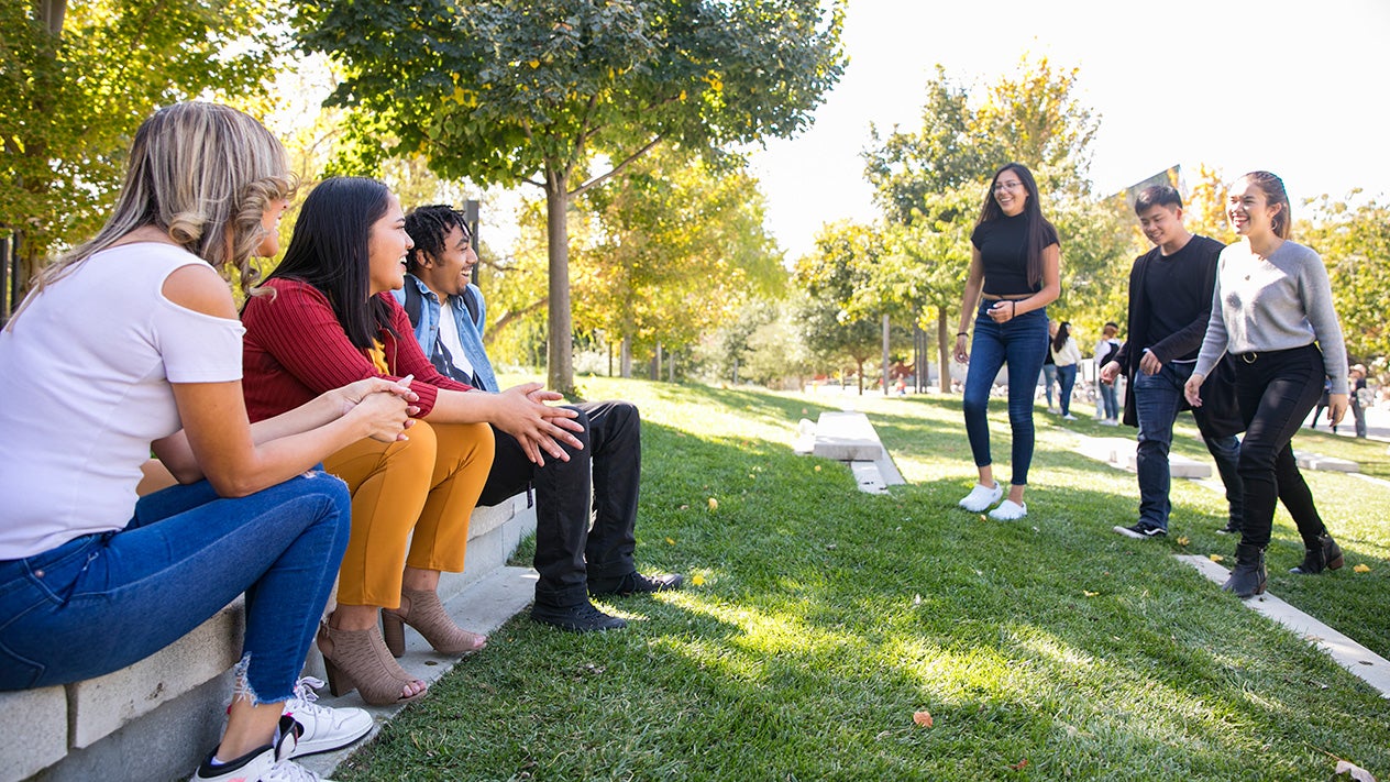 Students sitting and chatting on grass at DVC.