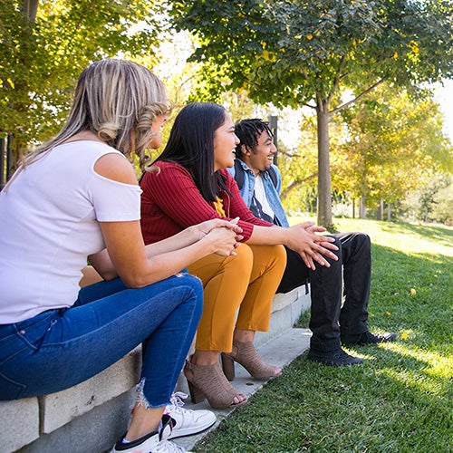 Students sitting and chatting on grass at DVC.