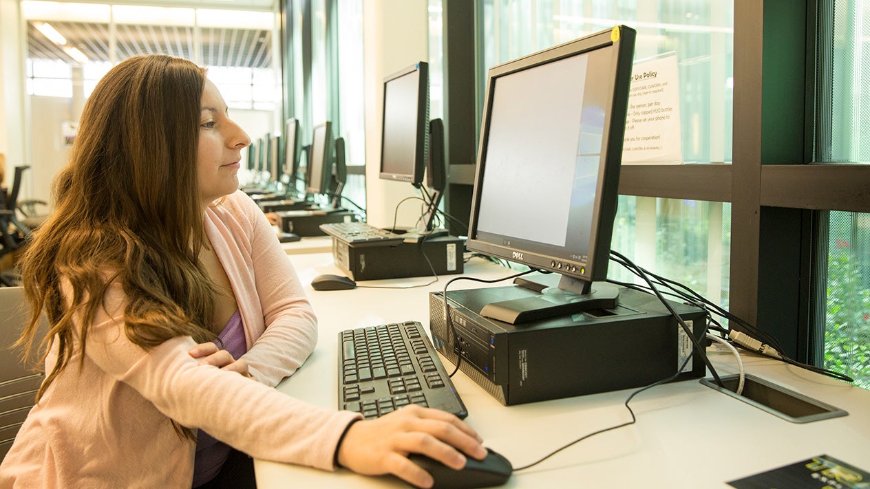 A DVC student works at one of the many computers available on campus.