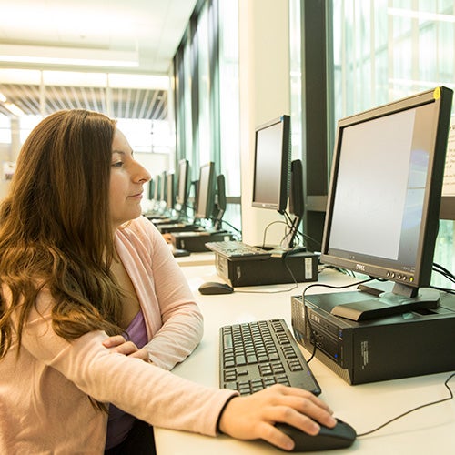 A DVC student works at one of the many computers available on campus.