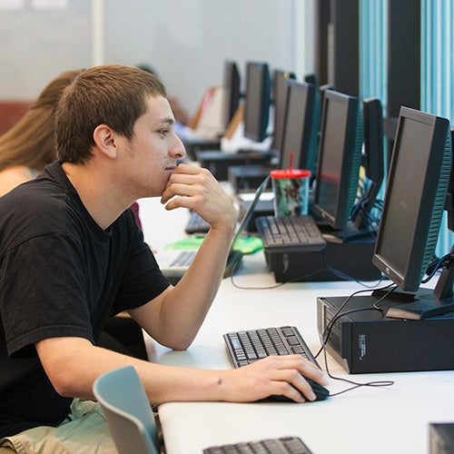 A DVC student at a workstation in a computer lab.