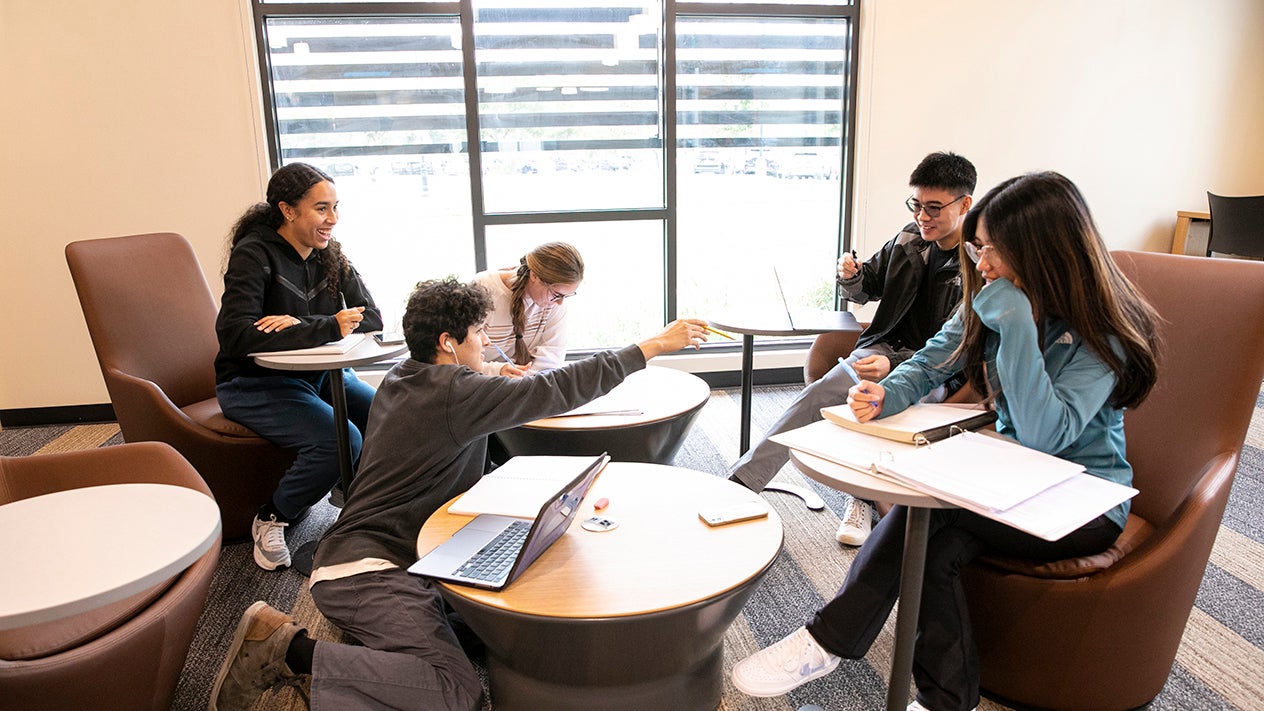 Group of students sitting around in a room chatting and discussing