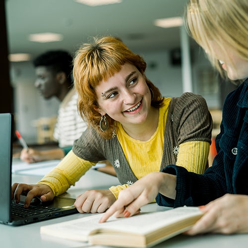 A DVC student works with a staff member.