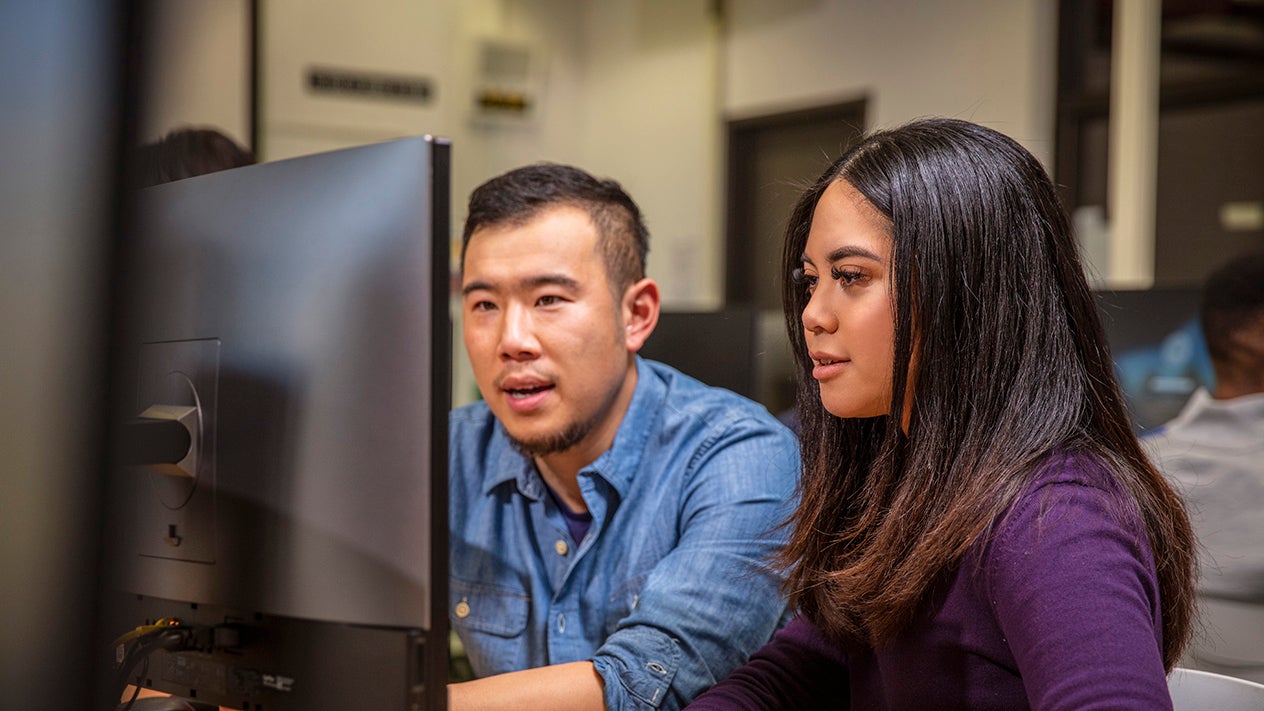 Teacher and student working at computer