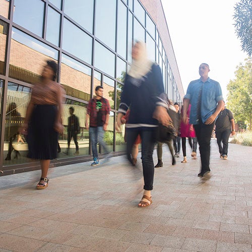 Students walking down pathway